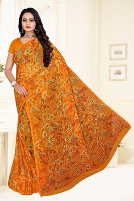 Yellow printed Chiffon Saree with Blouse 1