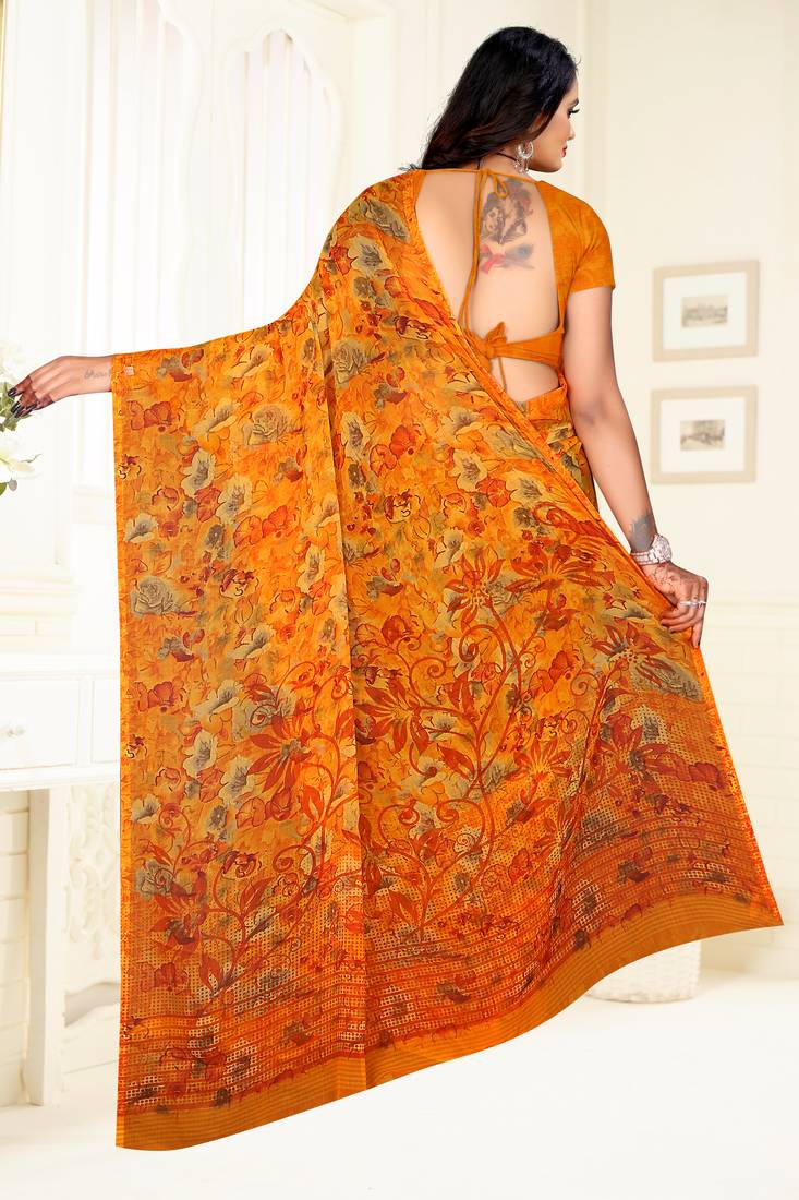 Yellow printed Chiffon Saree with Blouse
