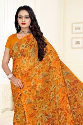 Yellow printed Chiffon Saree with Blouse 4