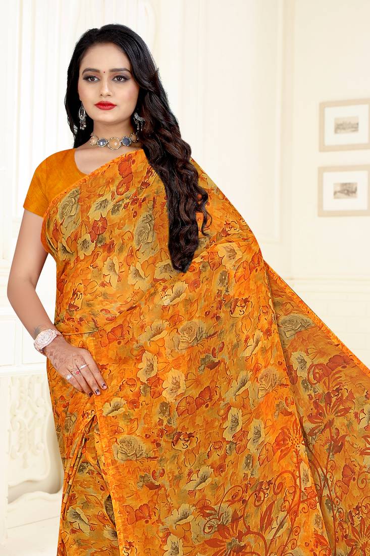Yellow printed Chiffon Saree with Blouse