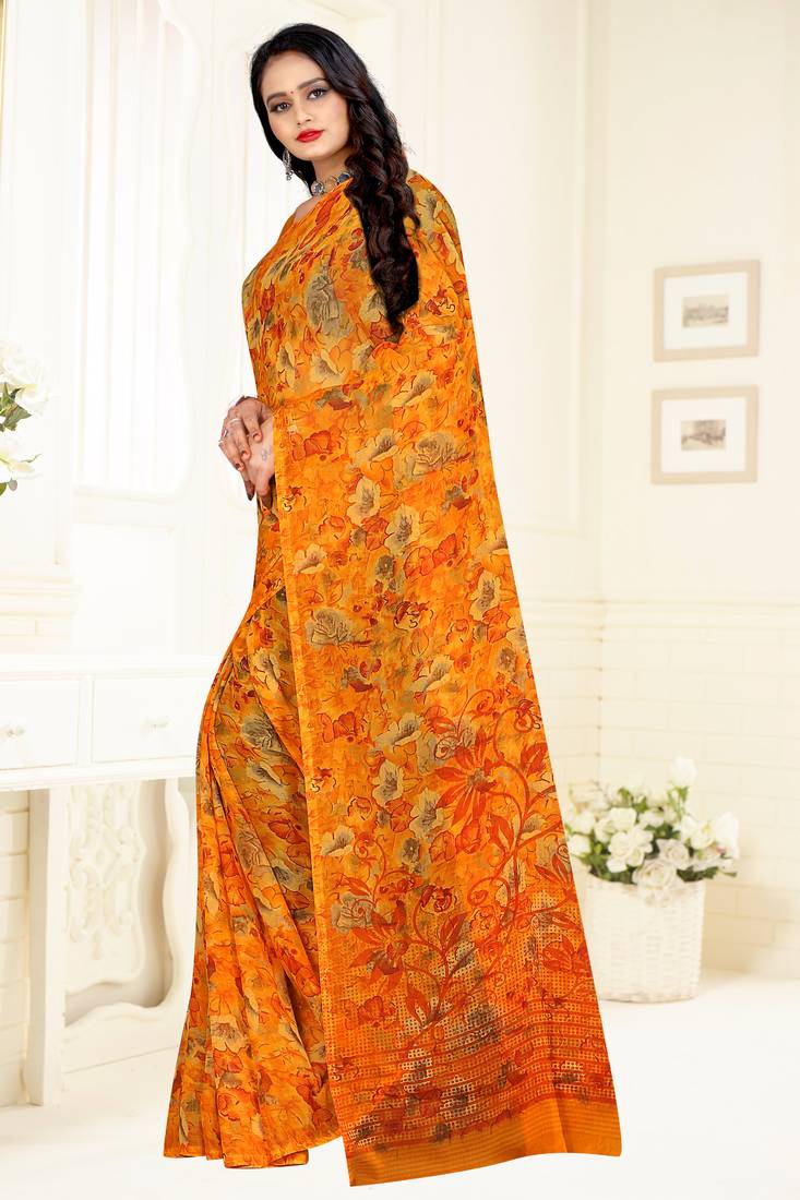Yellow printed Chiffon Saree with Blouse