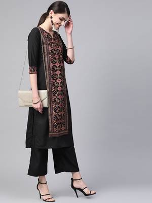 Women's black foil Print Straight Crepe Kurta 3