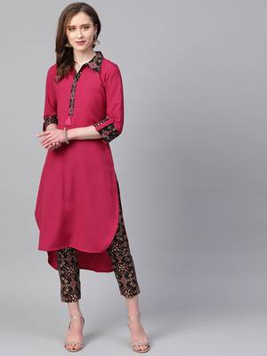 Women's pink Solid Straight Crepe Kurta With Pant 1