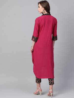 Women's pink Solid Straight Crepe Kurta With Pant 2