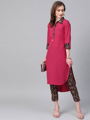 Women's pink Solid Straight Crepe Kurta With Pant 3