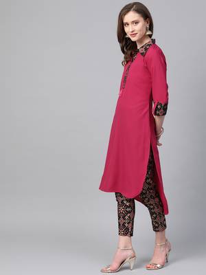 Women's pink Solid Straight Crepe Kurta With Pant 4