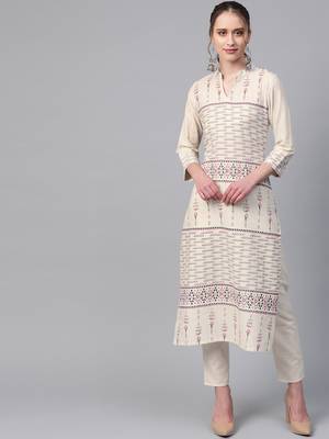 Women's cream Khadi Print Asymmetrical Flex Kurta With Pant 1