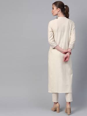 Women's cream Khadi Print Asymmetrical Flex Kurta With Pant 2