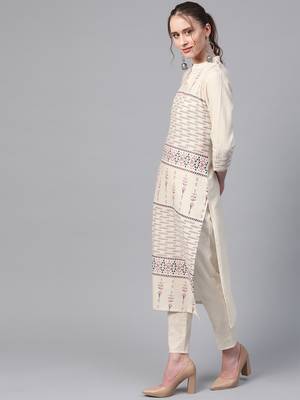 Women's cream Khadi Print Asymmetrical Flex Kurta With Pant 3