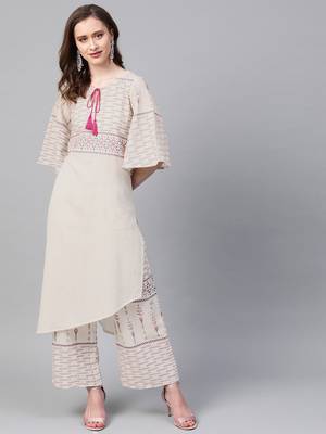 Women's cream Khadi Print Straight Flex Kurta With Palazzo 1