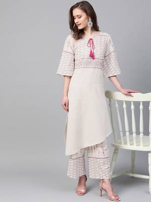 Women's cream Khadi Print Straight Flex Kurta With Palazzo 3