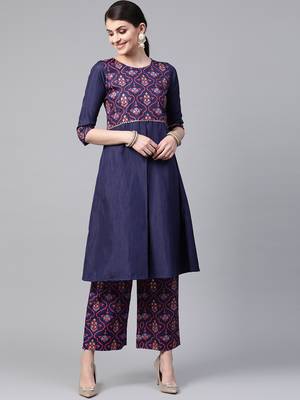 Women's blue Khadi Print Flared Polysilk Kurta With Palazzo 1