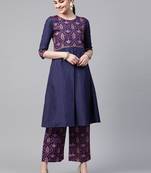 Women's blue Khadi Print Flared Polysilk Kurta With Palazzo