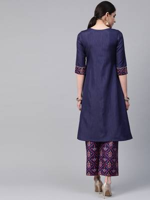 Women's blue Khadi Print Flared Polysilk Kurta With Palazzo 2