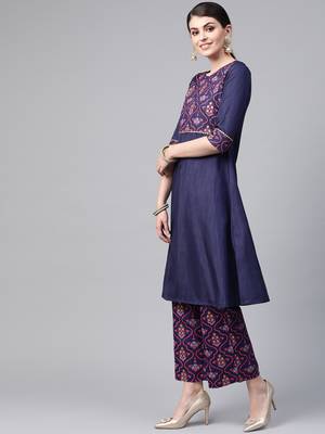 Women's blue Khadi Print Flared Polysilk Kurta With Palazzo 4