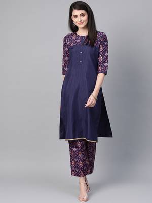 Women's blue Khadi Print Straight Polysilk Kurta 1
