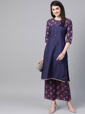 Women's blue Khadi Print Straight Polysilk Kurta With Palazzo 3