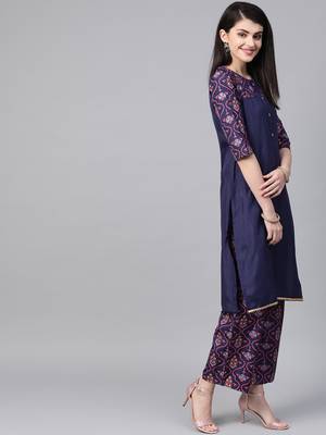 Women's blue Khadi Print Straight Polysilk Kurta With Palazzo 4