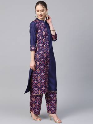 Women's blue Khadi Print Straight Polysilk Kurta 4