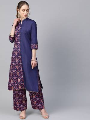 Women's blue Khadi Print Straight Polysilk Kurta With Palazzo 1