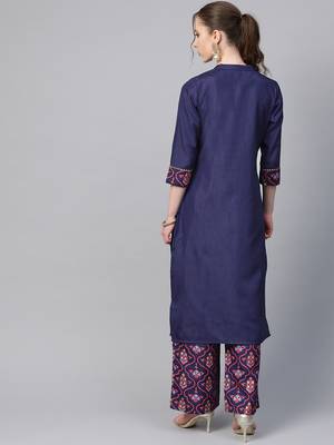 Women's blue Khadi Print Straight Polysilk Kurta With Palazzo 2
