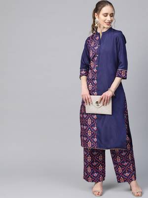 Women's blue Khadi Print Straight Polysilk Kurta With Palazzo 3