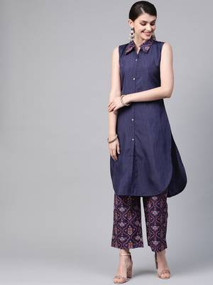 Women's blue Khadi Print Straight Polysilk Kurta 1