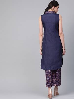 Women's blue Khadi Print Straight Polysilk Kurta 2