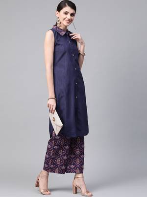 Women's blue Khadi Print Straight Polysilk Kurta 3