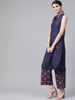 Women's blue Khadi Print Straight Polysilk Kurta 4