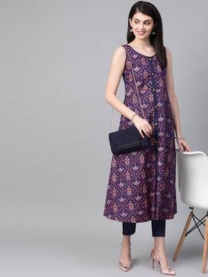 Women's blue Khadi Print Flared Polysilk Kurta 3