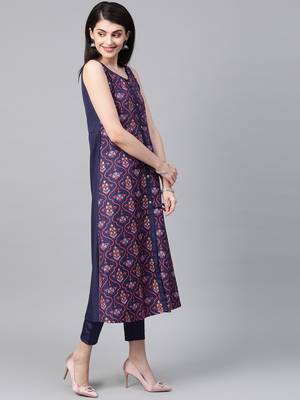 Women's blue Khadi Print Flared Polysilk Kurta 4