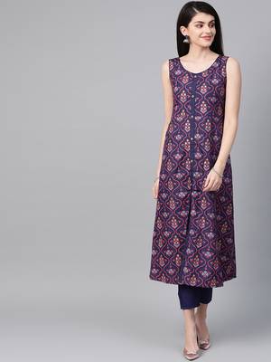 Women's blue Khadi Print Flared Polysilk Kurta With Pant 1