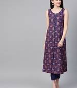 Women's blue Khadi Print Flared Polysilk Kurta With Pant