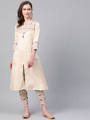 Women's cream foil Print A-Line Polysilk Kurta 1