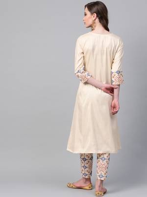 Women's cream foil Print A-Line Polysilk Kurta 2