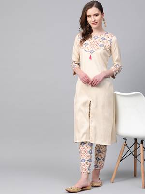 Women's cream foil Print A-Line Polysilk Kurta 3
