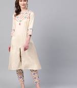 Women's cream Foil Print A-Line Polysilk Kurta With Pant