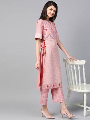 Women's pink Khadi Print Straight Polysilk Kurta With Palazzo 1