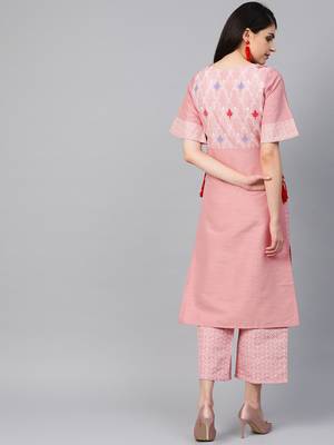 Women's pink Khadi Print Straight Polysilk Kurta With Palazzo 2