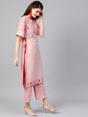 Women's pink Khadi Print Straight Polysilk Kurta With Palazzo 3