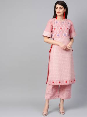 Women's pink Khadi Print Straight Polysilk Kurta With Palazzo 4