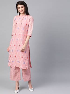 Women's pink Khadi Print Straight Polysilk Kurta With Palazzo 1