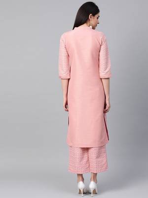Women's pink Khadi Print Straight Polysilk Kurta With Palazzo 2