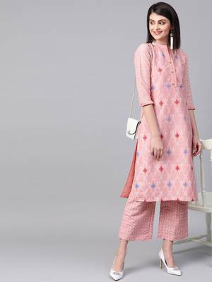 Women's pink Khadi Print Straight Polysilk Kurta With Palazzo 3