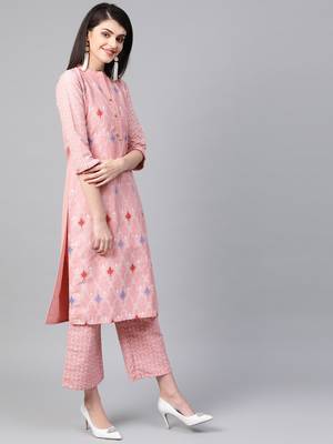 Women's pink Khadi Print Straight Polysilk Kurta With Palazzo 4
