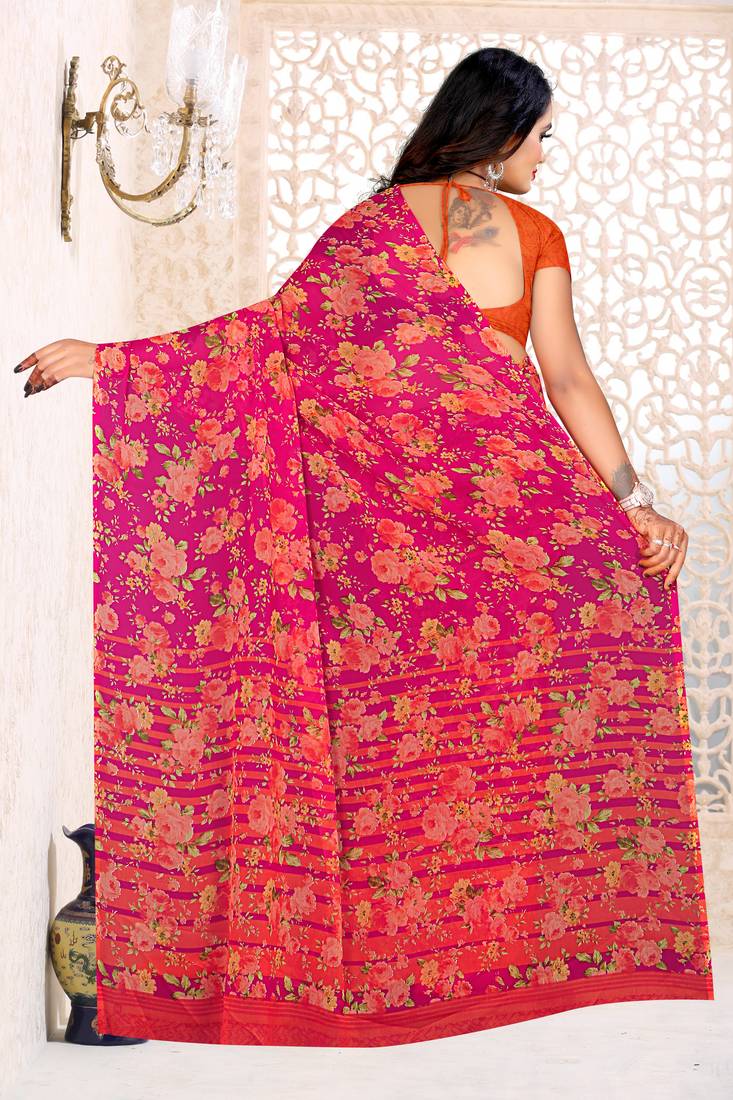 Pink printed chiffon saree with blouse