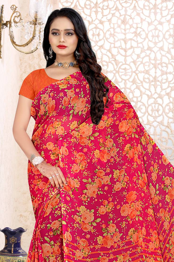 Pink printed chiffon saree with blouse