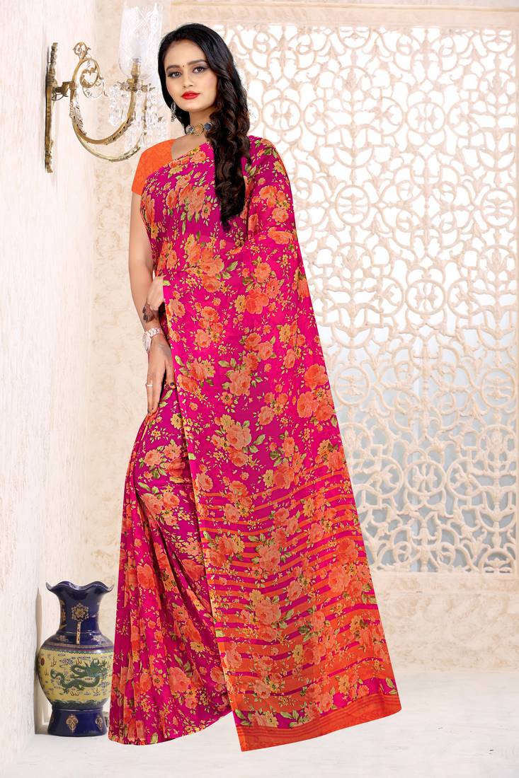 Pink printed chiffon saree with blouse