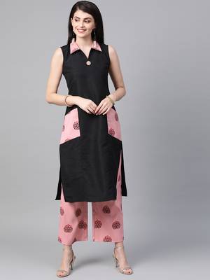 Women's black Solid Straight Polysilk Kurta With Palazzo 1